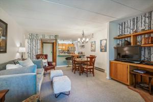 a living room with a blue couch and a tv at Pinnacle E17 in Killington