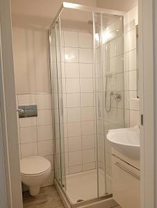 a bathroom with a shower and a toilet and a sink at Hotel Petit in Silvi Marina