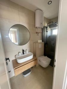 a bathroom with a sink and a toilet and a mirror at Apartmani Tomaš in Tučepi