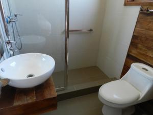 y baño con lavabo, aseo y ducha. en Aroma Verde Hotel, en Valdivia