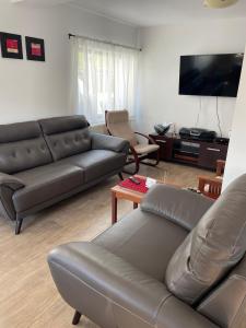 a living room with two leather couches and a tv at Casa Hoinarilor Wanderers House in Bran