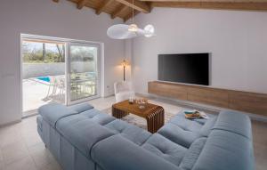 a living room with a blue couch and a tv at Villa Paulina by SeeAdria Agency in Buje