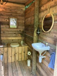 een badkamer met een wastafel in een houten huisje bij Cyriel 
