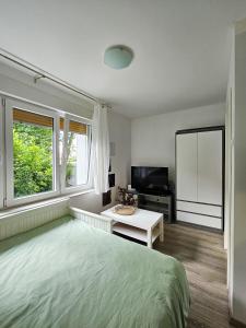 a bedroom with a bed and a tv and windows at Marigold in Rijeka