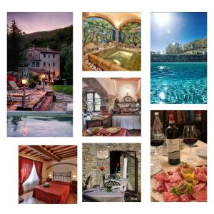 un collage di immagini di diversi tipi di alimenti e di vino di Hotel Le Pozze Di Lecchi a Gaiole in Chianti