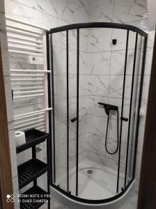 La salle de bains est pourvue d'une douche et d'une cabine de verre. dans l'établissement Eye of the Tiger. Apartament w centrum Mrągowa., à Mrągowo