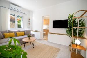 a living room with a couch and a tv on a wall at Anasma Boutique Apartments in Kontokali