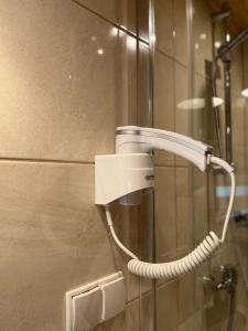 a shower head is attached to a wall in a bathroom at Tatra Glamp Tarasówka in Poronin