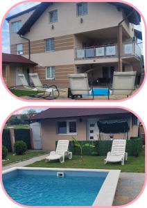 due foto di una casa e di una piscina di Apartmani Apolon a Vrdnik