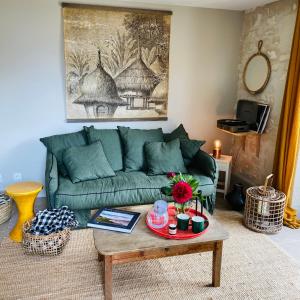 uma sala de estar com um sofá verde e uma mesa de centro em Gîte verveine bain nordique jacuzzi l écrin de verdure chinon em Ligré
