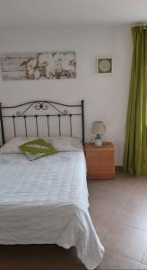 a bedroom with a bed and a green curtain at Casa roja in Camariñas