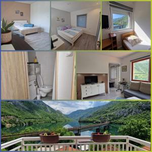 a collage of three pictures of a hotel room at Visit Drežnica in Mostar