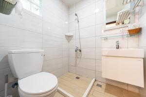 a white bathroom with a toilet and a sink at 宜蘭眾樂樂民宿 in Dongshan +32 photos