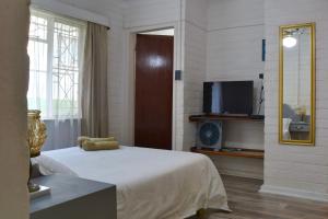 a bedroom with a bed and a tv in it at Oppi Plaas in Hazyview