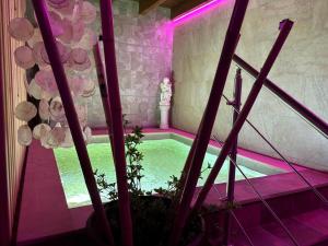 a swimming pool in a room with a purple lighting at Rincón de Ayllon in Ayllón