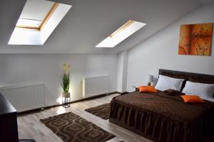 sypialnia z łóżkiem i świetlikiem w obiekcie Enjoy Apartments - Skyview Residence w Klużu-Napoce