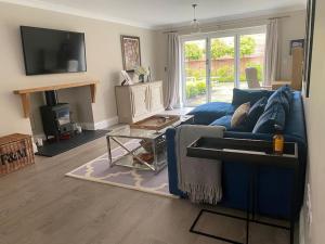 ein Wohnzimmer mit einer blauen Couch und einem Kamin in der Unterkunft Orchard Cottage in Lincolnshire