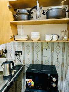 eine Küche mit einer Mikrowelle auf der Theke mit Töpfen und Pfannen in der Unterkunft Fivas Residences in Arua