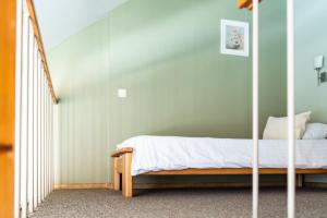a bedroom with a bed with a glass wall at Apartamenti Kurshi in Jūrmala