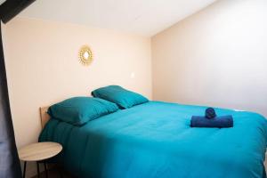 a bedroom with a bed with a blue blanket at L'ÉLÉGANT Appartement Climatisé à 300m du Théâtre Antique in Orange