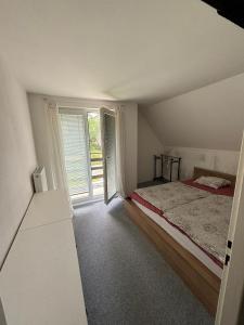 ein Schlafzimmer mit einem Bett und einem großen Fenster in der Unterkunft Randy's House Plzeň in Pilsen