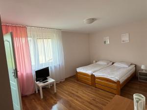 Dormitorio pequeño con cama y TV en Domino Dom Gościnny en Międzywodzie