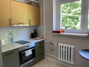 a kitchen with a stove and a window at Apartament w Zdroju in Duszniki Zdrój
