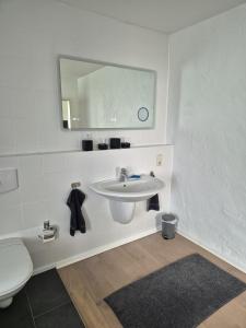 a bathroom with a sink and a toilet and a mirror at Hinter'm Mäuerchen 