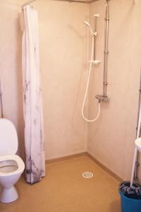 uma casa de banho com uma cortina de chuveiro e um WC em Hälleviks Camping em Sölvesborg