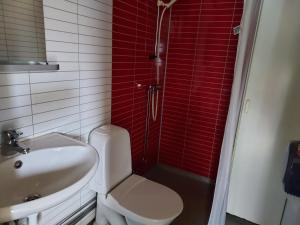 een badkamer met een douche, een toilet en een wastafel bij Älgbergets Bed & Breakfast in Ucklum