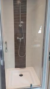 a shower with a glass door in a bathroom at petite chambre sympathique in Hurtigheim