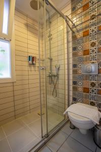 a bathroom with a shower and a toilet at Hideaway in Kas +44 photos