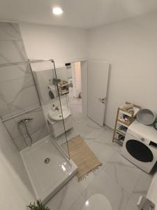 a bathroom with a shower and a toilet and a sink at Apartments Jamice in Novi Vinodolski