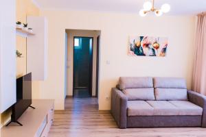 a living room with a couch and a tv at Central White Apartment in Satu Mare