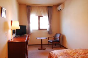 Habitación de hotel con cama, escritorio y ventana en Yatsugatake Grace Hotel en Minamimaki