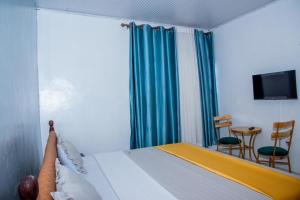 a bedroom with a bed and a tv and a table at The Alca Villa in Kigali