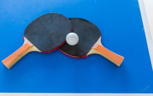 Una raqueta de ping pong con una bola blanca. en Cosmos Hotel, en Rethymno