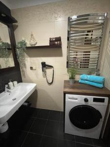 łazienka z umywalką i pralką w obiekcie Apartament Krynica Morska Continental w mieście Krynica Morska +9 zdjęć