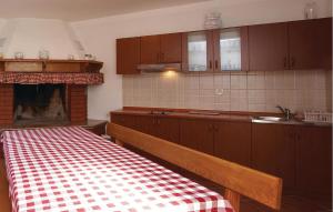 kuchnia z kraciastym obrusem na blacie w obiekcie Apartment Plomin Iv w mieście Plomin