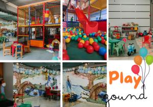 a collage of four pictures of a playground at Tisza Gyöngye Apartmanok in Szeged