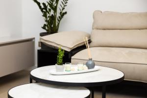 a coffee table with a tray of drinks and a couch at Villa Perla in Tivat +42 photos