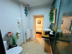 a bathroom with two sinks and a toilet and a mirror at T4House in Sighişoara
