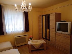 a living room with a bed and a tv and a table at Margó Vendégházak 2 in Hajdúszoboszló