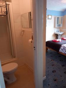 a bathroom with a toilet and a bed at My Adam Hotel in Blackpool