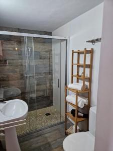a bathroom with a glass shower and a sink at Apartamentos Wundermar in Torredembarra +37 photos