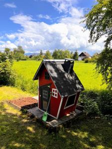 una pequeña casa roja con un techo negro en un campo en Haus am Bodensee, en Fußach