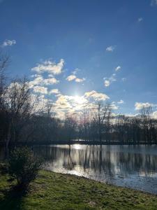vistas a un lago con árboles y al cielo en Ferienhaus Seeidylle, en Geeste