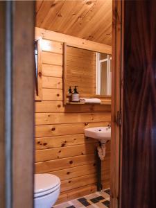 een houten badkamer met een toilet en een wastafel bij wecamp Cudillero in El Pito