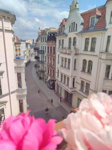 a view of a city street with buildings and pink flowers at Apartament Eliza - 2 Bathrooms! Best View Ever in Toruń