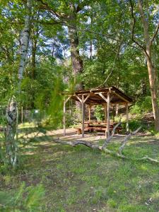 un refugio de picnic de madera en un parque con árboles en Domek nad Zegrzem, en Arciechow